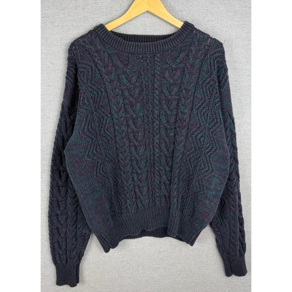 Eddie Bauer Vintage Cable Knit Sweater Mens XL Teal Purple Marled Crewneck